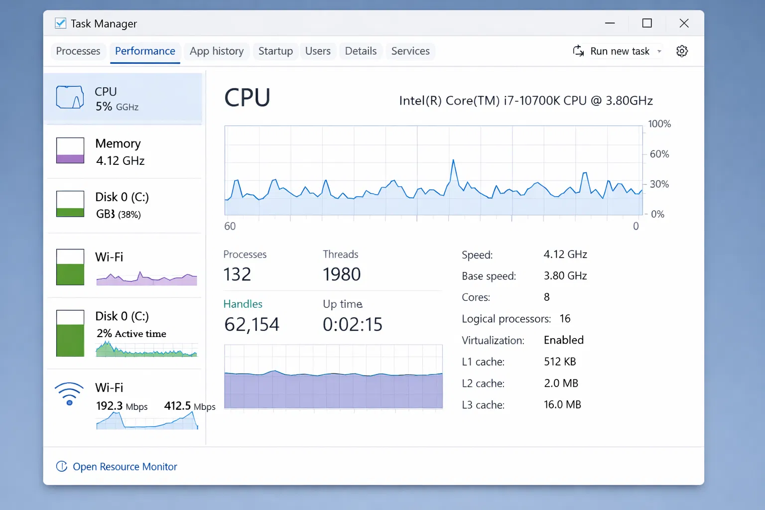 Task Manager showing system performance metrics