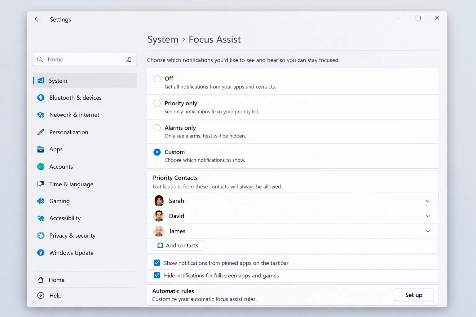 Windows Focus Assist settings panel
