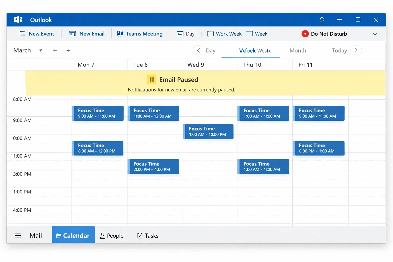 Outlook Focus Time blocks on calendar