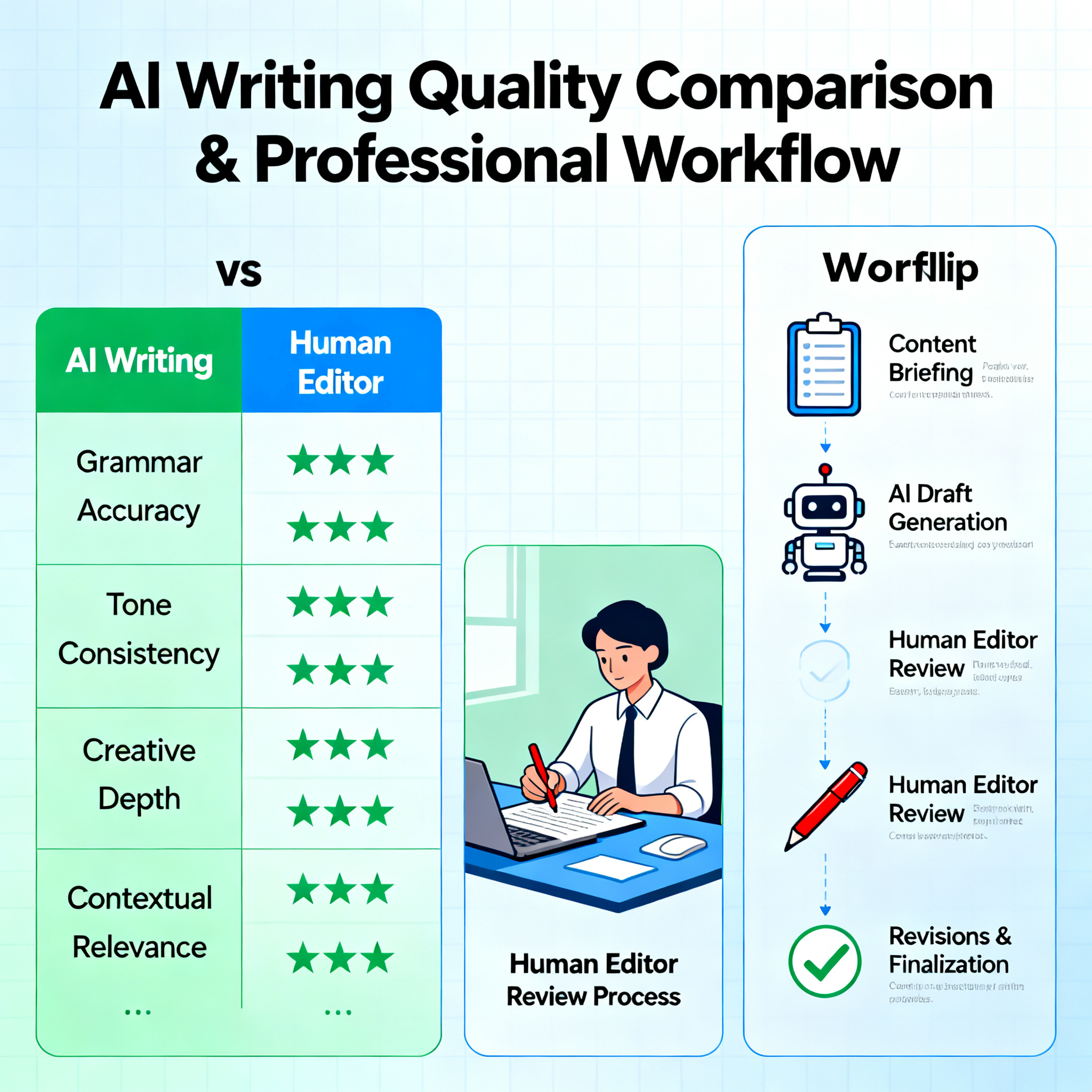 AI writing quality comparison human editor